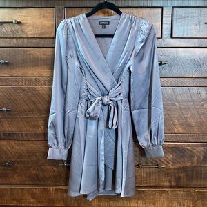 Express Satin Tie Waist Long Sleeve Mini Dress